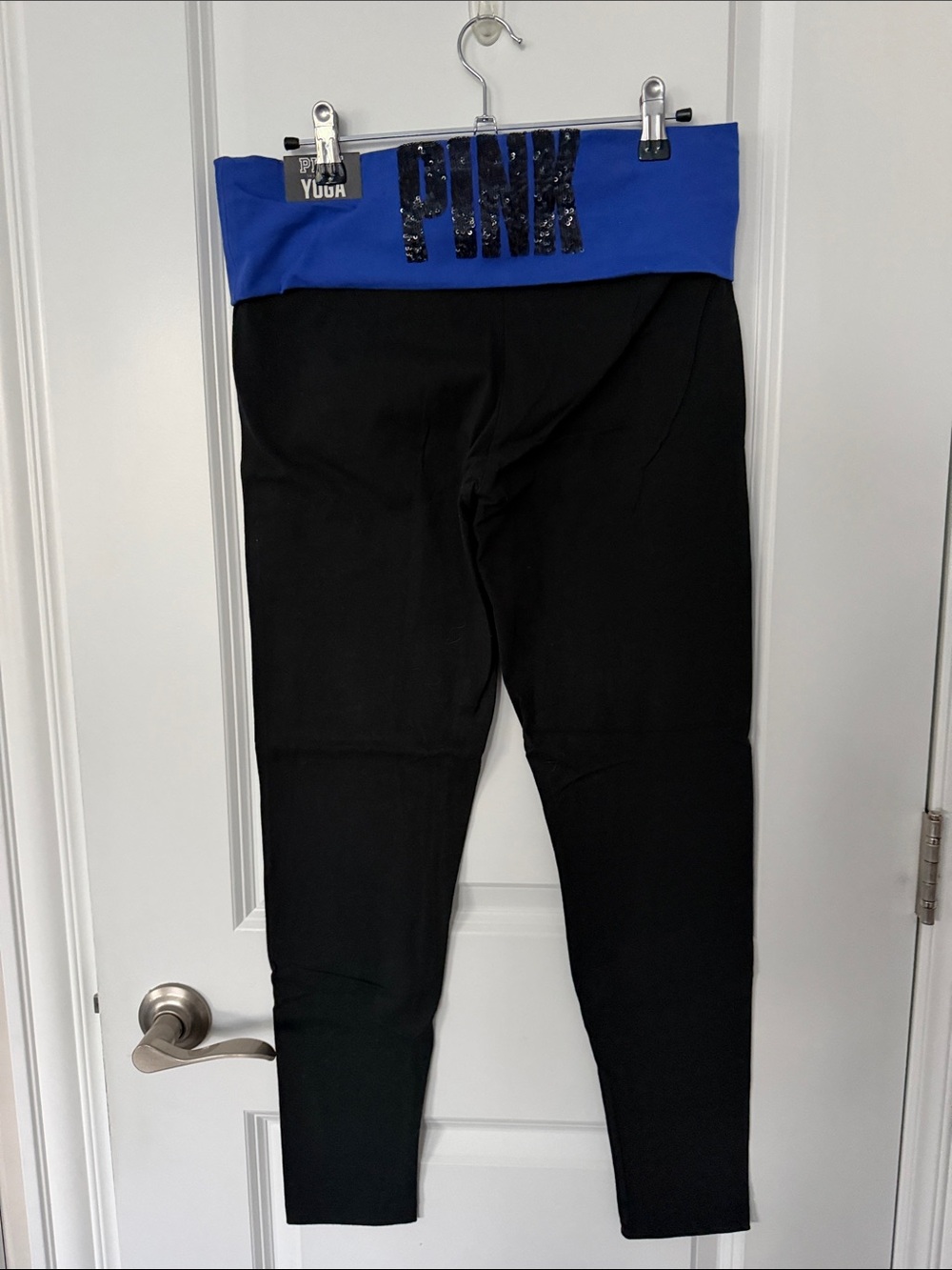 NWT PINK Victoria's Secret Women’s Black Leggings with Blue Fold-Over Waistband